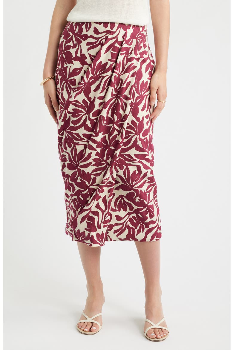 Linen Blend Wrap Midi Skirt, Main, color, BEIGE- BURGUNDY FIRA BLOOM