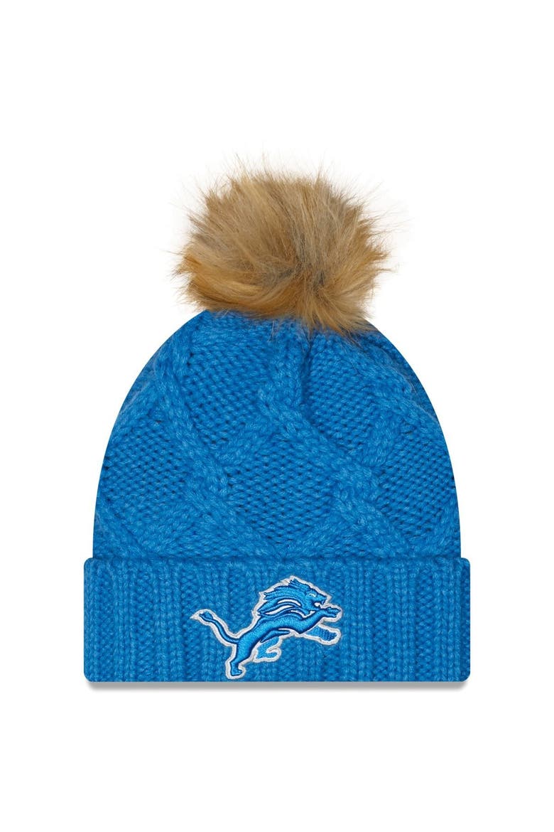 Women's New Era Blue Detroit Lions Luxe Cuffed Knit Hat with Pom, Main, color, BLUE