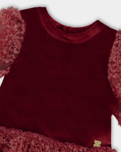 Deux Par Deux Puff Sleeve Bi-material Velour And Lace Dress In Red