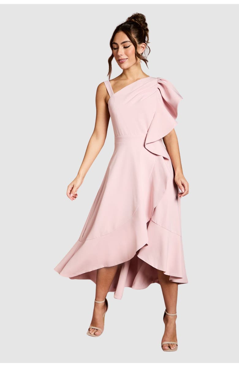 Coast One Shoulder Crepe Ruffle Midi Dress, Main, color, Blush