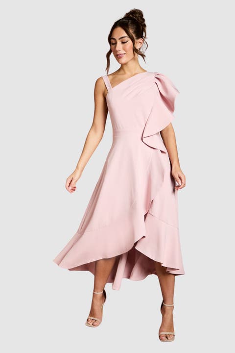 One Shoulder Crepe Ruffle Midi Dress