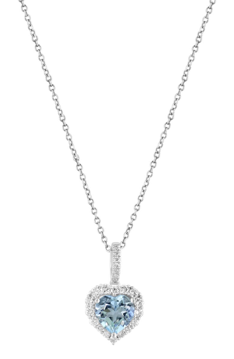 EFFY 14K White Gold Aquamarine Heart & Diamond Halo Pendant Necklace, Main, color,
