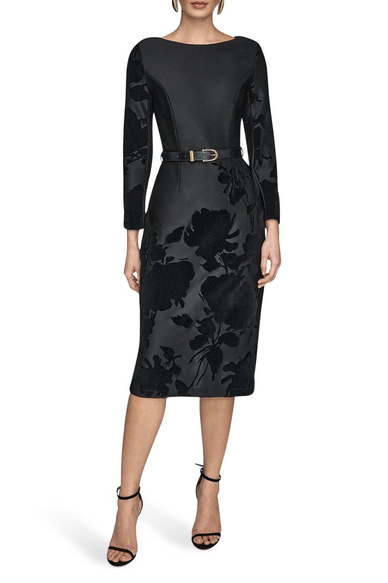 Velvet Floral Belted Long Sleeve Sheath Dress, Main, color, BLACK/BLACK