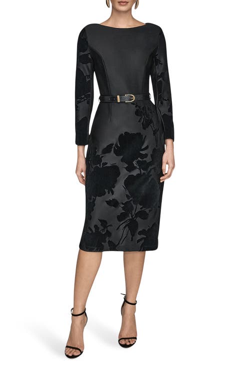 Velvet Floral Belted Long Sleeve Sheath Dress