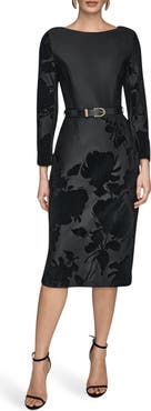 Donna Karan New York Velvet Floral Belted Long Sleeve Sheath Dress