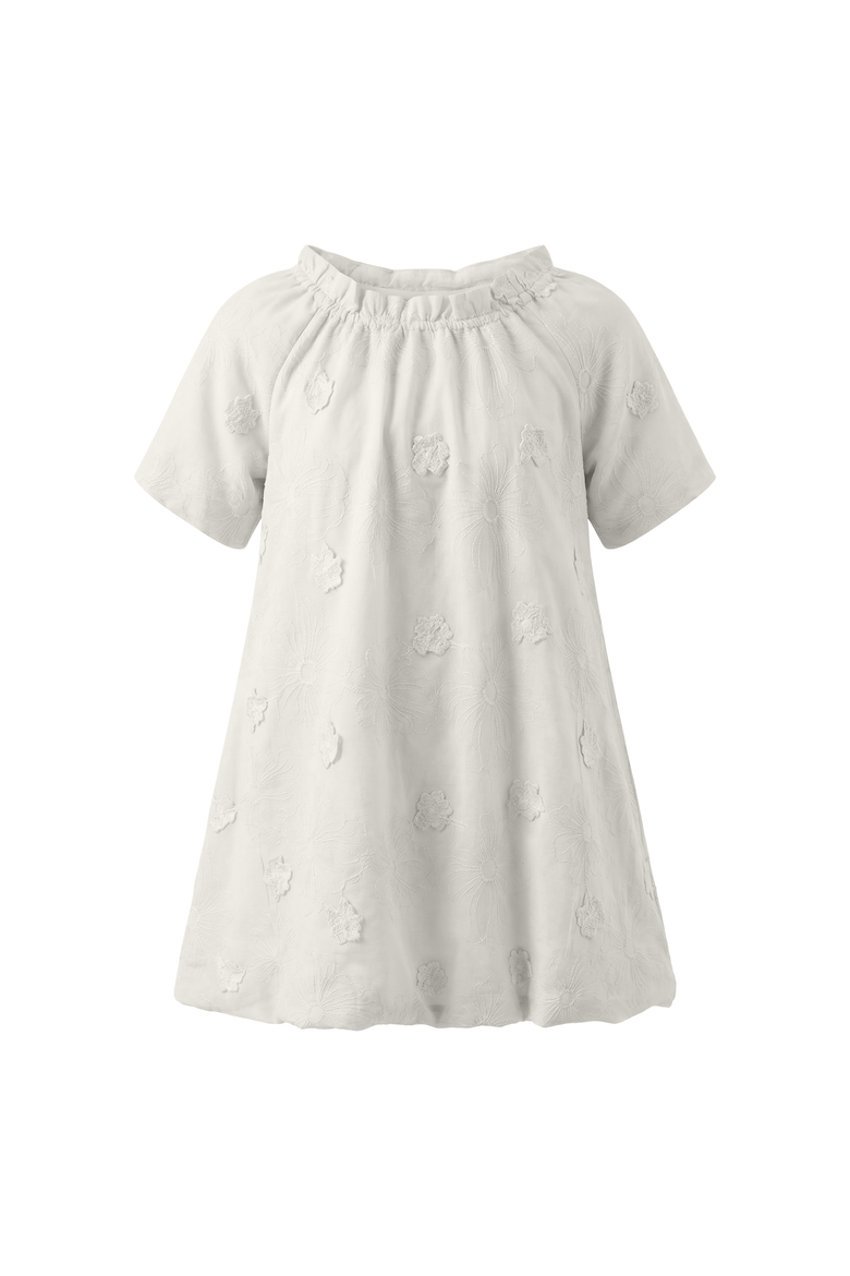 Floral Embroidery Applique Shirred Ruffle Dress, Main, color, Ivory