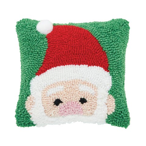 Peek-A-Boo Santa Claus Christmas Hooked Green Mini Accent Pillow 8" x 8"