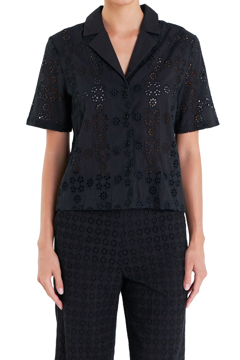 Floral Eyelet Cotton Camp Shirt, Main, color, BLACK