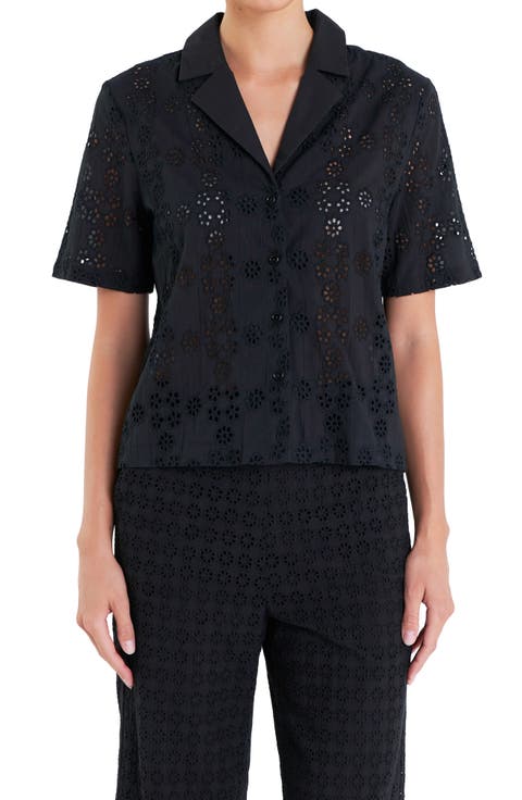 Floral Eyelet Cotton Camp Shirt