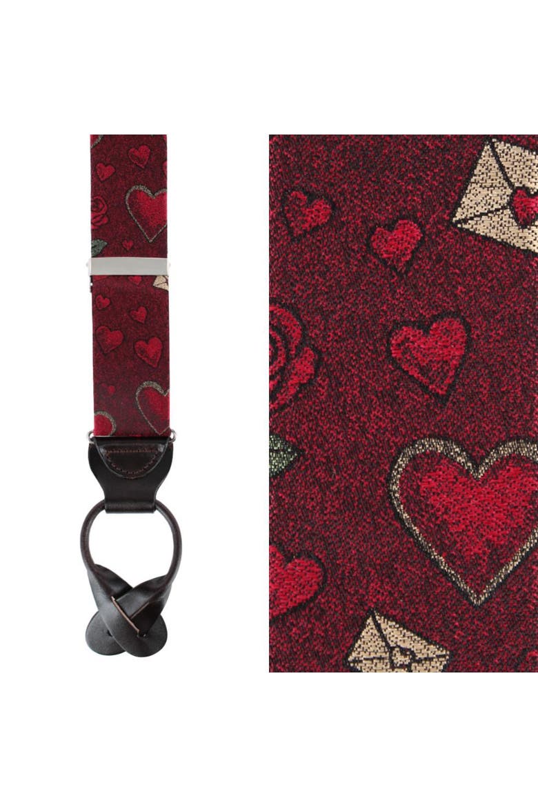 Amor Valentine's Note Silk Button End Suspenders, Main, color, Red