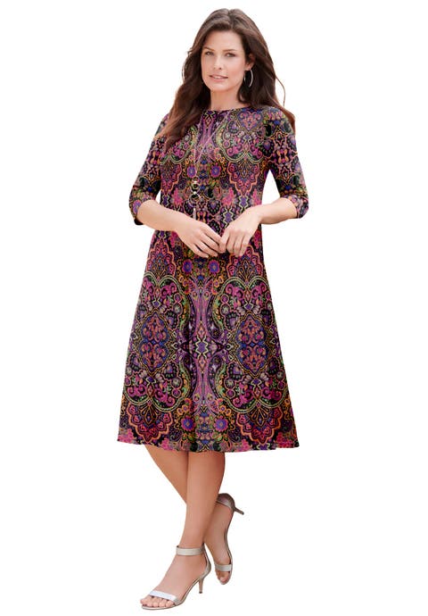 Plus Size 3/4 Sleeve Boatneck Swing Dress