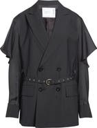 Sacai Chalk Stripe Mixed Media Belted Blazer