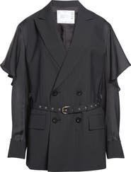 Sacai Chalk Stripe Mixed Media Belted Blazer