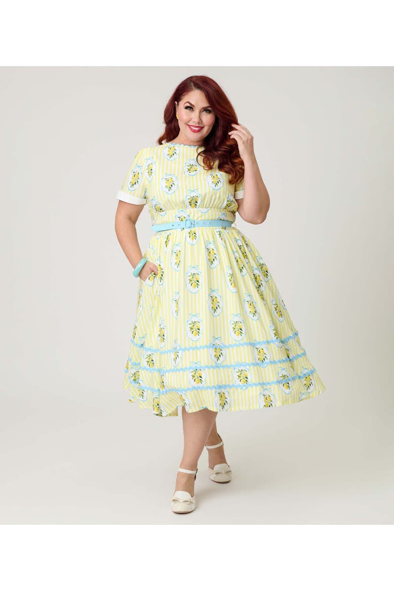 Plus Size Boatneck Ricrac Swing Dress, Main, color, Yellow Stripe W/ Lemon Print