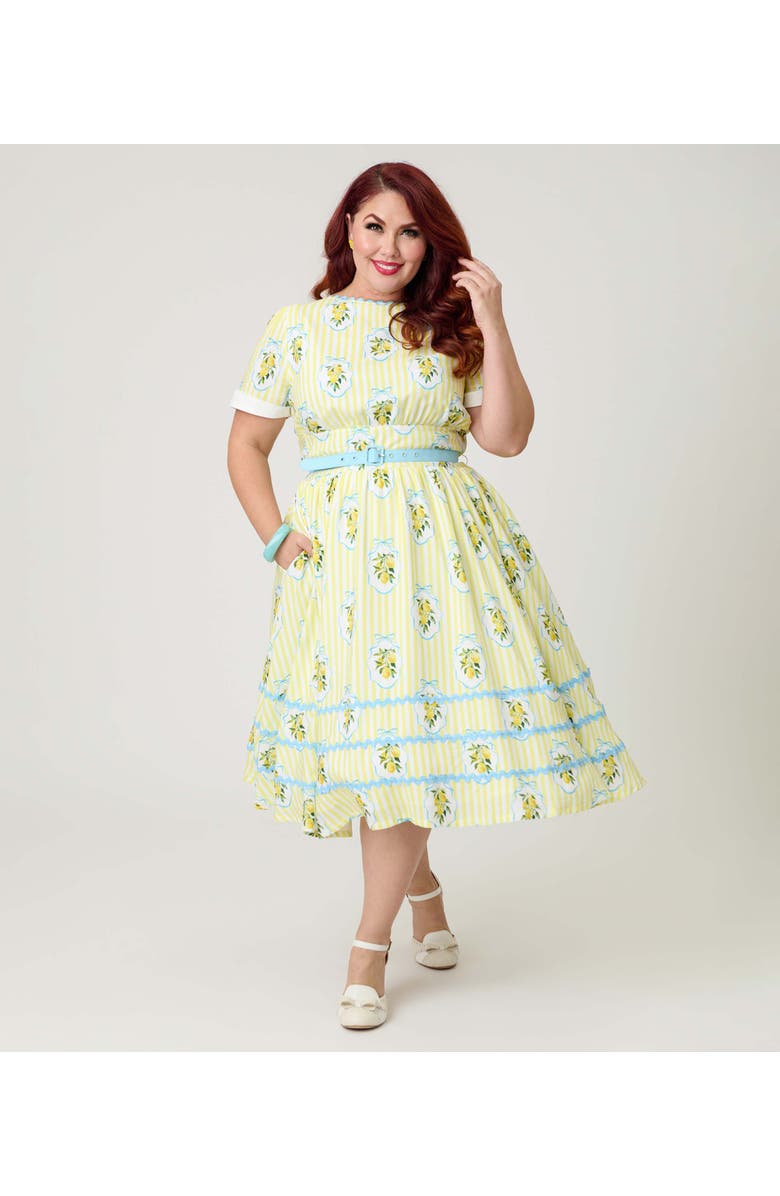 Unique Vintage Plus Size Boatneck Ricrac Swing Dress, Main, color, Yellow Stripe W/ Lemon Print