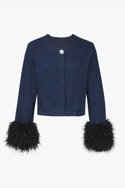 Tt Studios Kimmy Denim Faux Fur Jacket In Blue