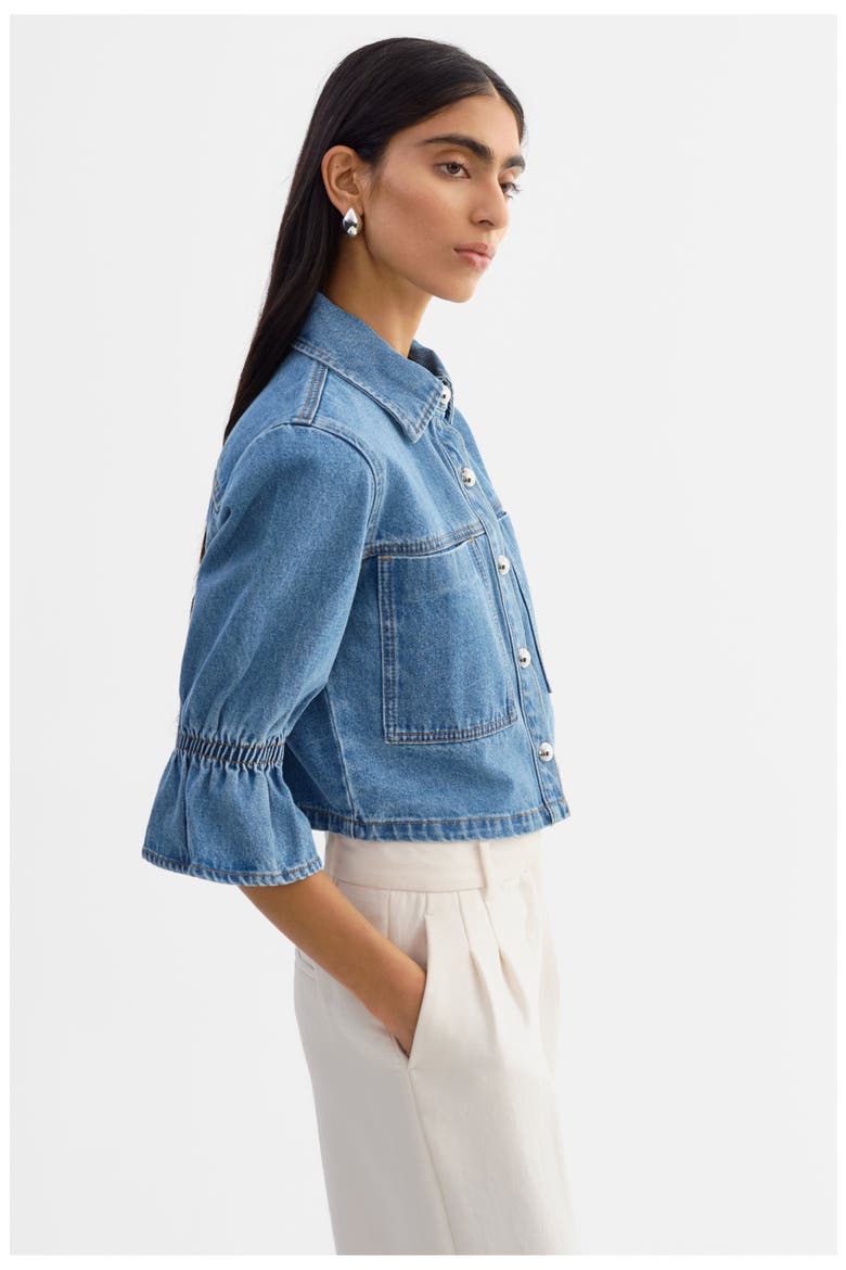 Carolina D | Denim Ruffle Sleeve Jacket, Alternate, color, MIBW