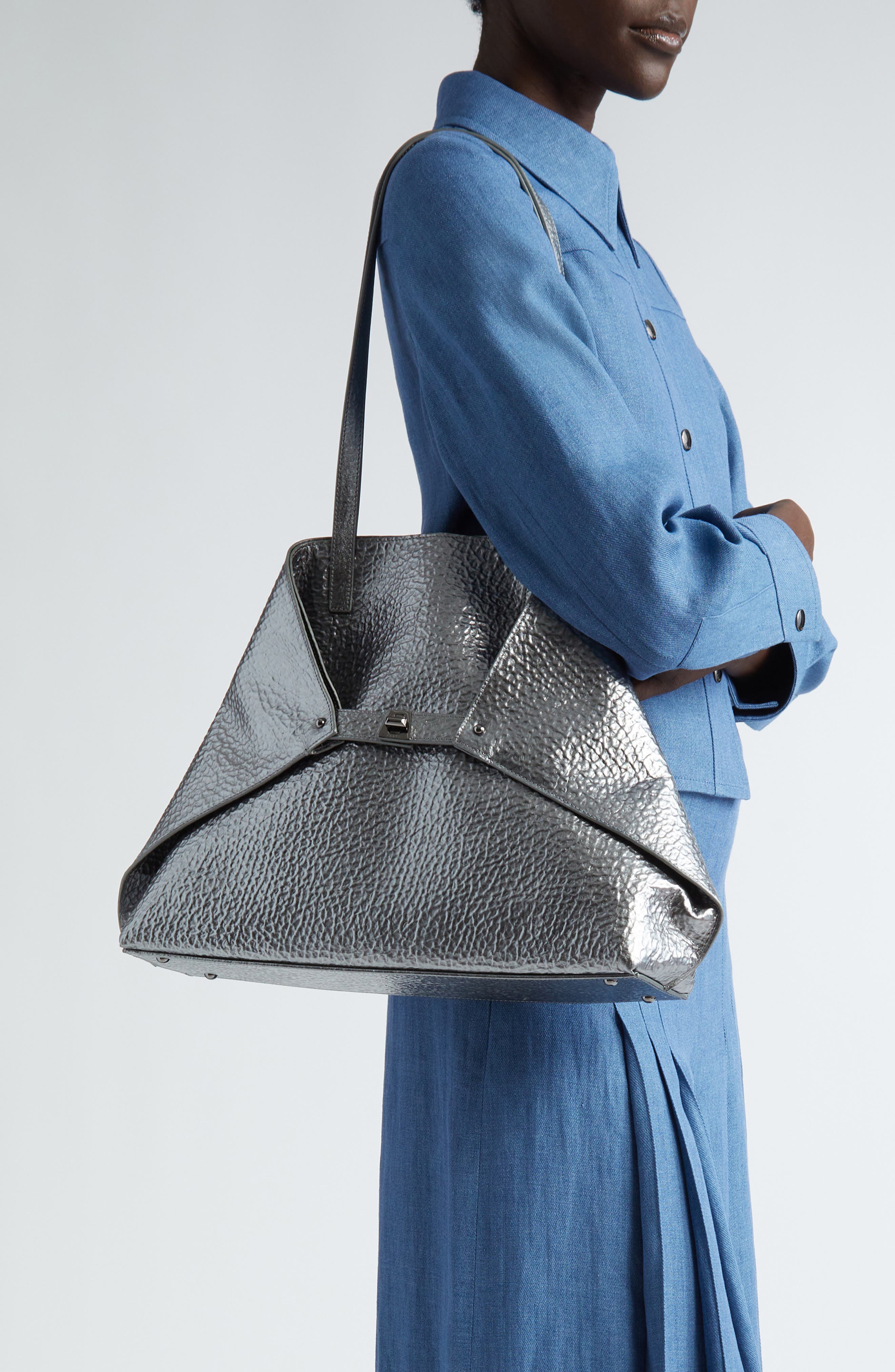 AI Medium Hammered Metallic Leather Tote Bag, Alternate, color, INOX