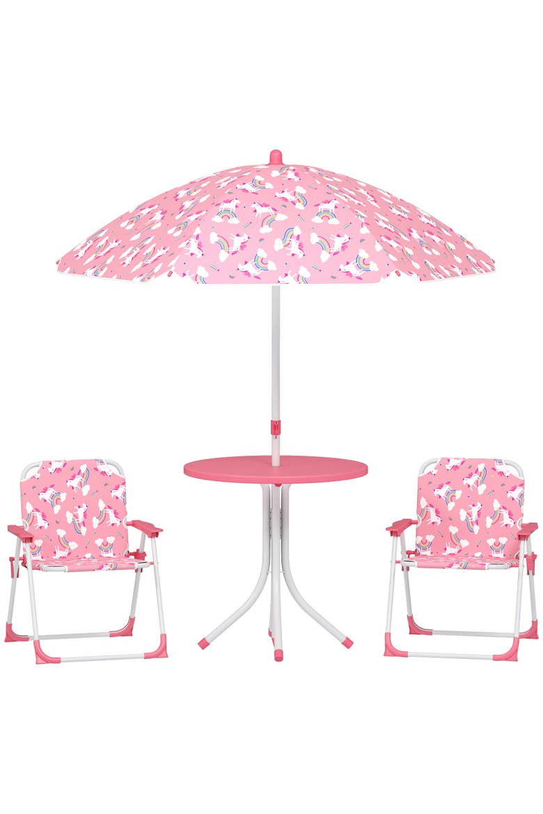 Kids Outdoor Picnic Table with Folding Chairs and Umbrella, Alternate, color, Pink