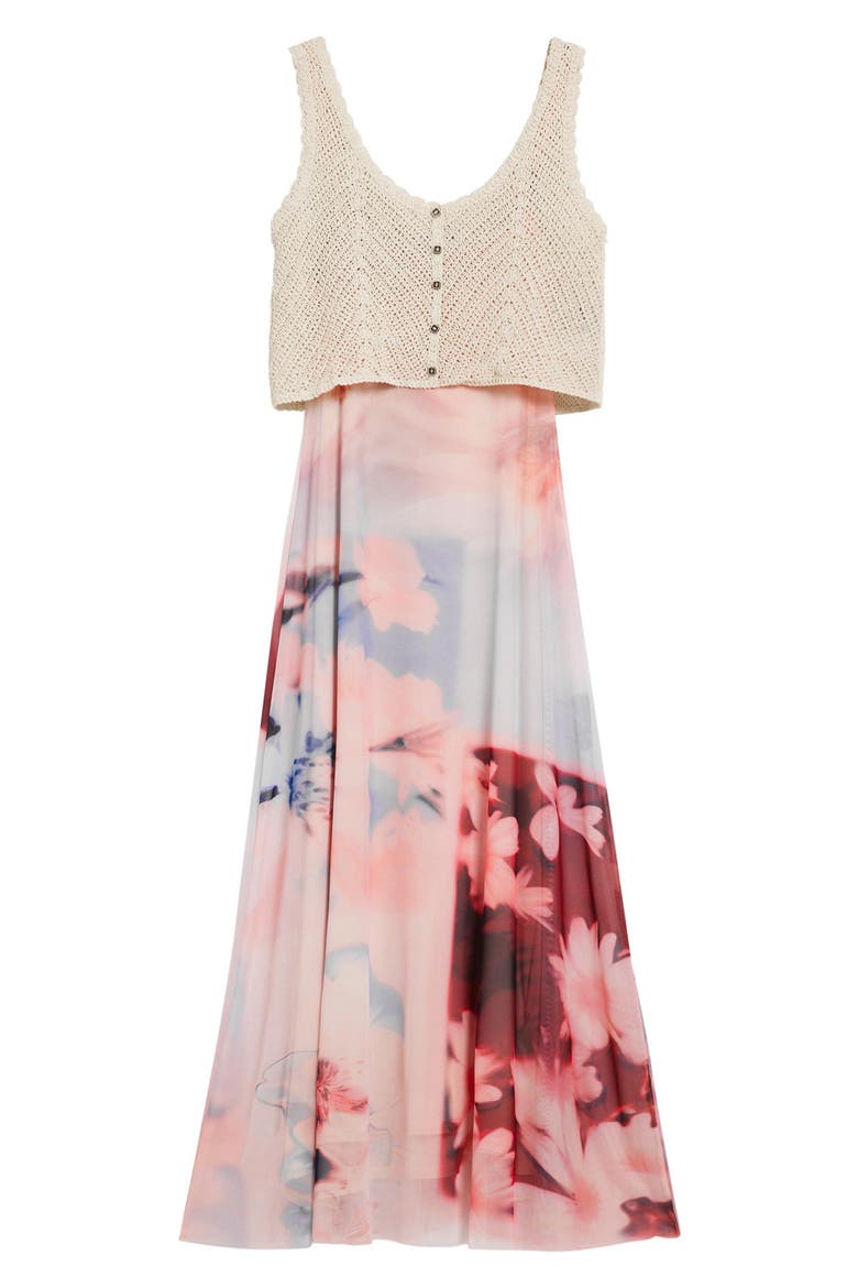 Crochet Bodice Floral Block Midi Dress, Alternate, color, PINK