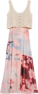 Desigual Crochet Bodice Floral Block Midi Dress