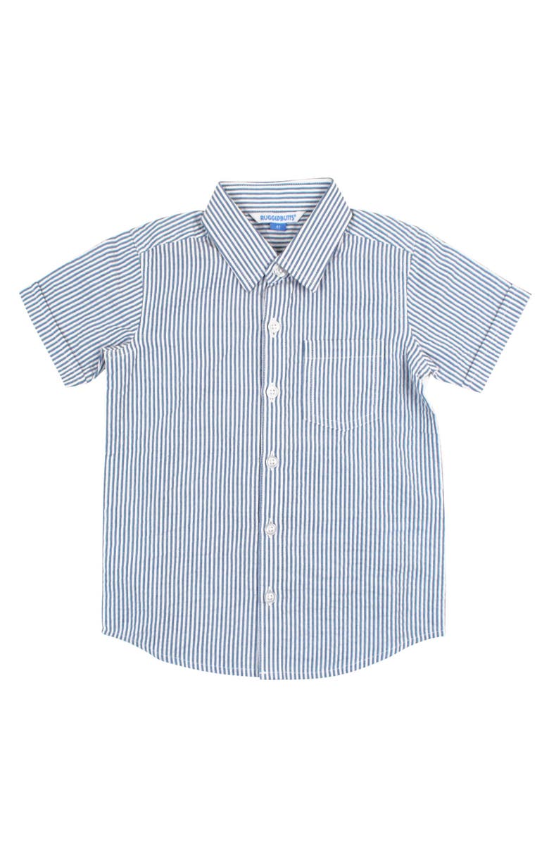 RuffleButts Boys Short Sleeve Button Down Shirt, Main, color, Classic Blue Seersucker