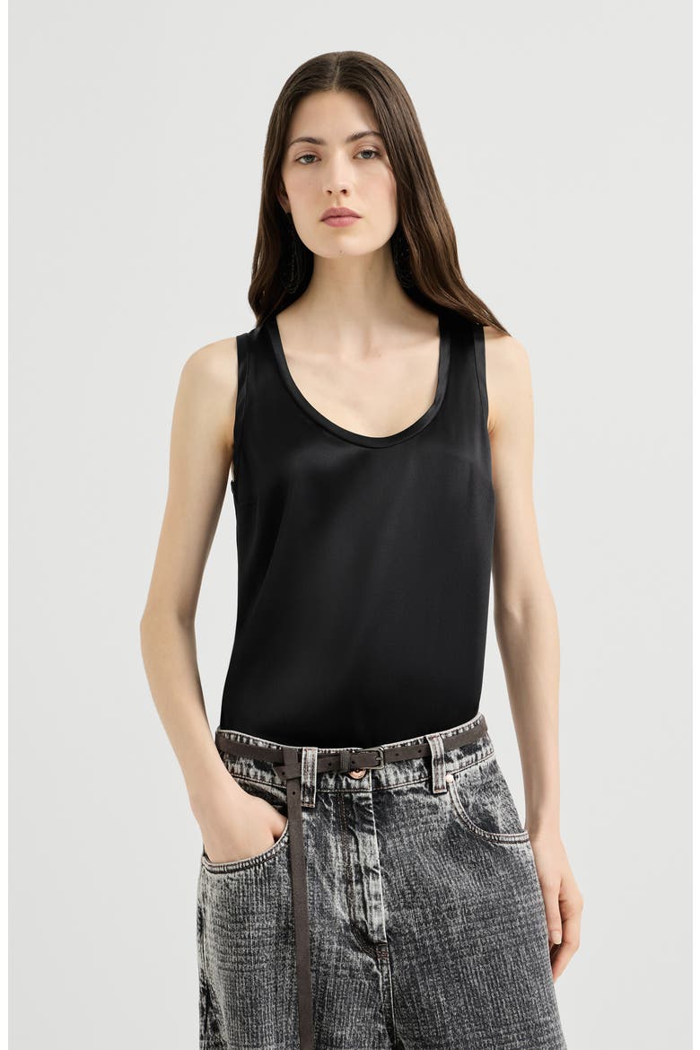 Stretch silk satin top, Main, color, Black
