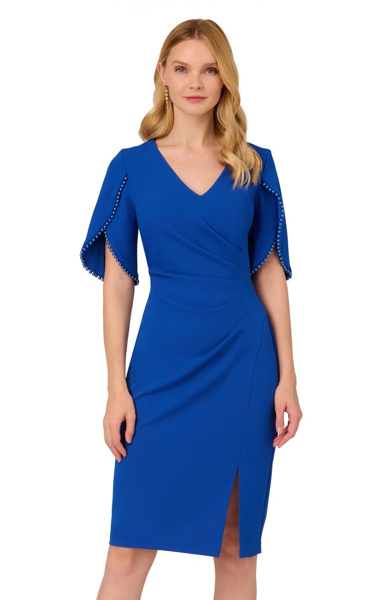 Adrianna Papell Pleated Imitation Pearl Trim Crepe Sheath Dress, Alternate, color,