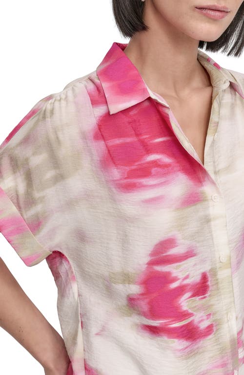 Dkny Abstract Print Textured Short Sleeve Button-up Shirt In Pink