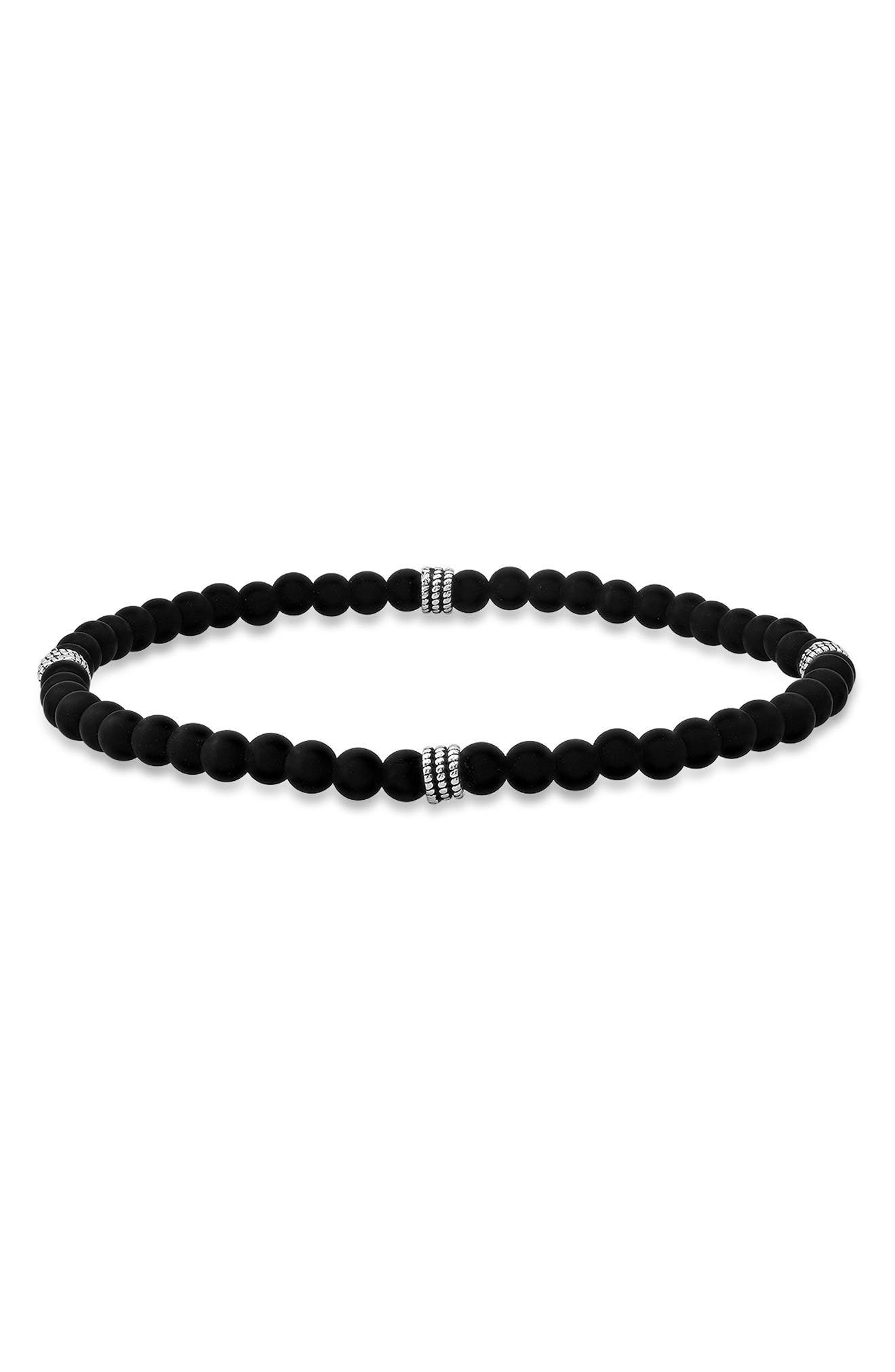 HMY JEWELRY Men's Sterling Silver Black Lava Stone Beaded Stretch Bracelet