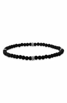 HMY JEWELRY Men's Sterling Silver Black Lava Stone Beaded Stretch Bracelet
