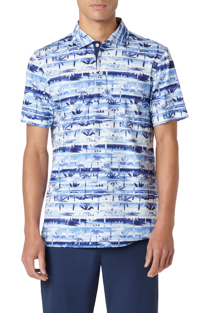 Bugatchi Hendrix Digital Palm Tree Print Pima Cotton Polo, Main, color, Classic Blue
