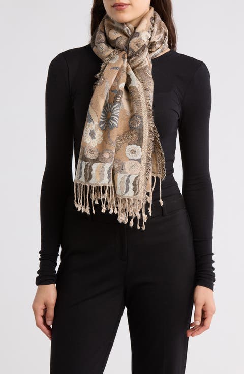 Floral Jacquard Fringe Scarf