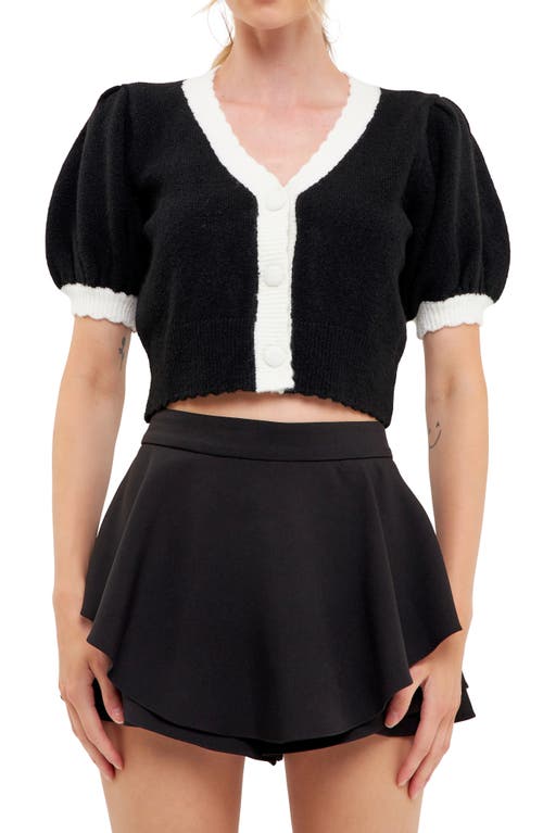 English Factory Colorblock Puff Sleeve Crop Cardigan In Black