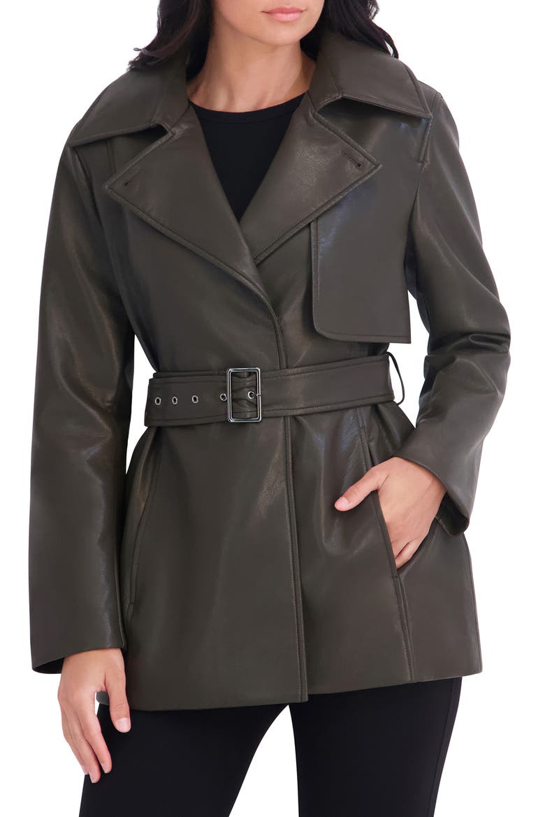 Faux Leather Belted Trench Coat, Main, color, OLIVE