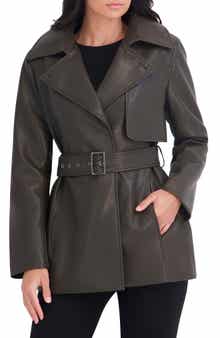Faux Leather Belted Trench Coat