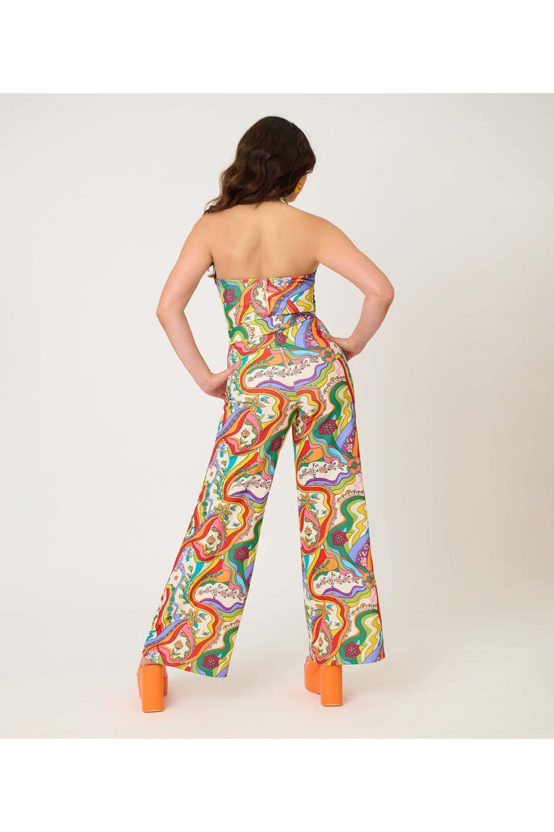 Sashed Sleeveless Halter Glamour Goddess Jumpsuit, Alternate, color, White Rainbow Print