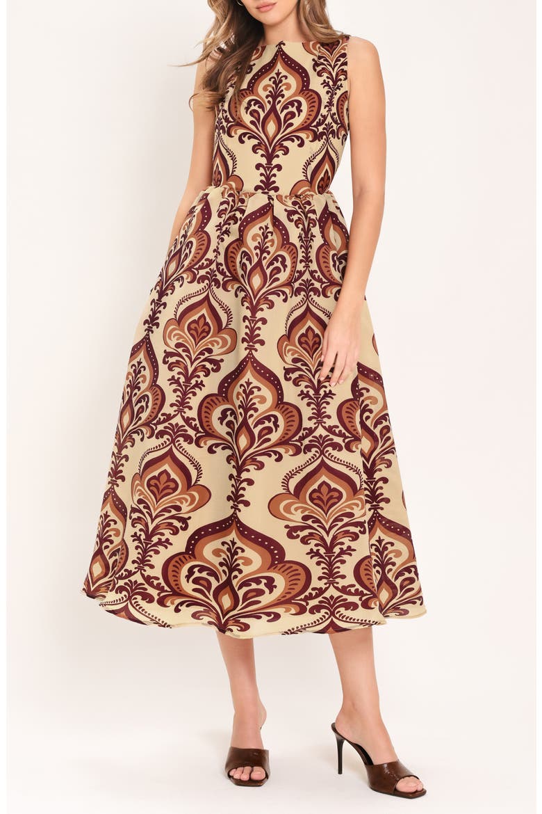Damask Print Sleeveless Fit & Flare Midi Dress, Main, color, TAUPE