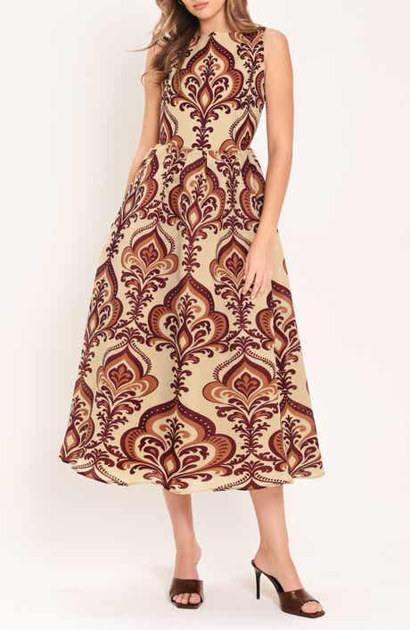 Damask Print Sleeveless Fit & Flare Midi Dress