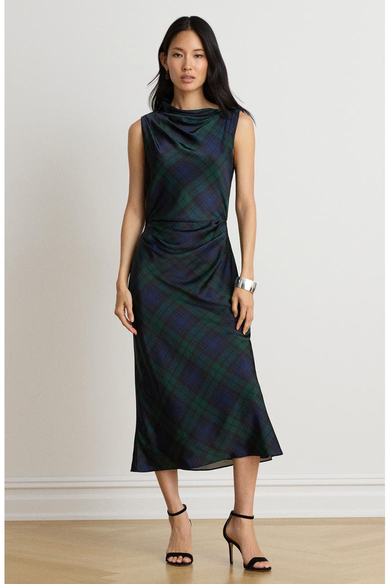 Plaid Satin Charmeuse Sheath Dress, Alternate, color, NAVY BLUE