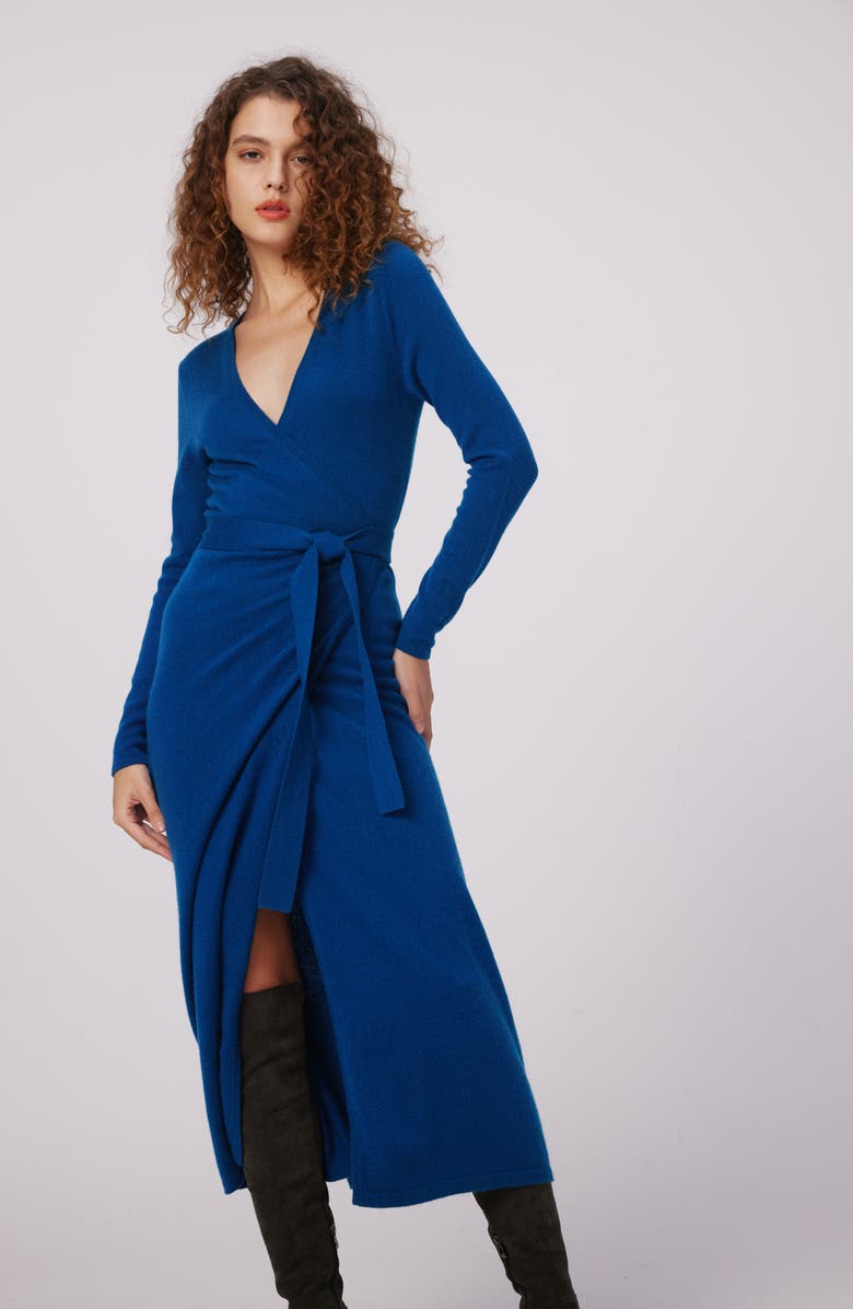DVF Astrid Long Sleeve Wool & Cashmere Wrap Sweater Dress, Alternate, color, Dark Ocean
