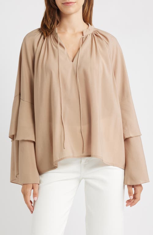 Vero Moda Frill Sleeve Tie Neck Top In Brown