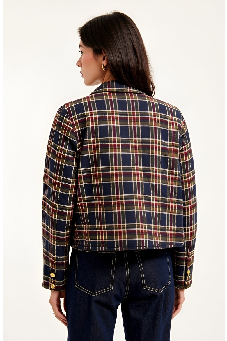Plaid Cropped Gold Button Closure Patch Pocket Jacket, Alternate, color, Navy Plaid