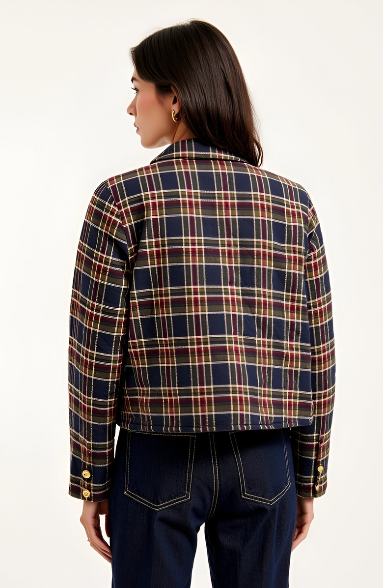 Modenaire Plaid Cropped Gold Button Closure Patch Pocket Jacket, Alternate, color, Navy Plaid