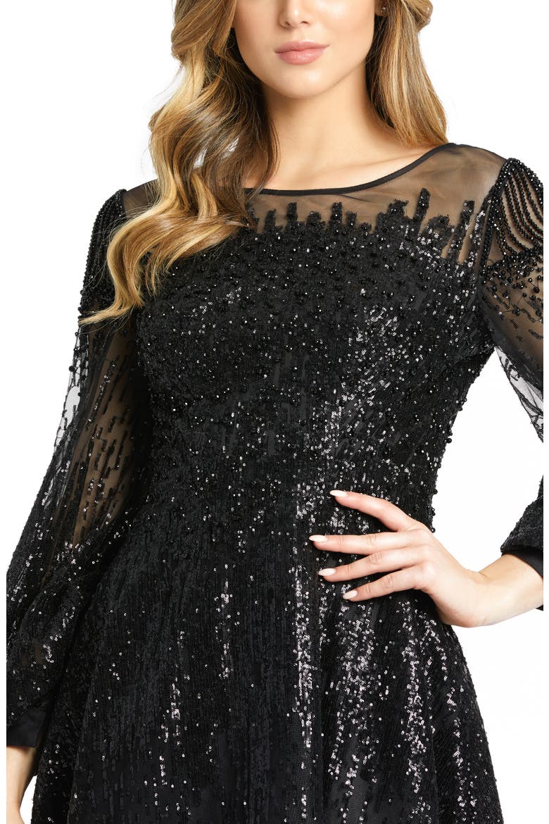 Jewel Encrusted Illusion Long Sleeve A Line Gown, Alternate, color, BLACK