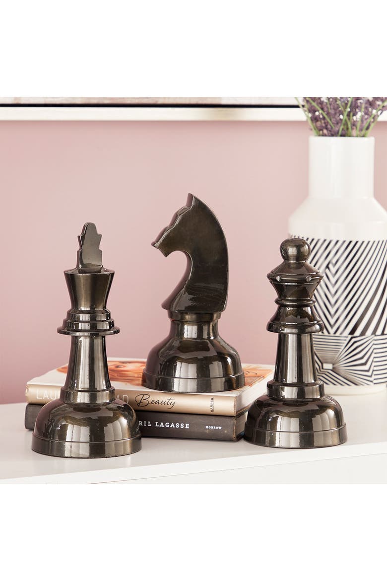 Dark Gray Aluminum Chess Sculpture with Knight, Queen & King - Set of 3, Alternate, color, GRAY