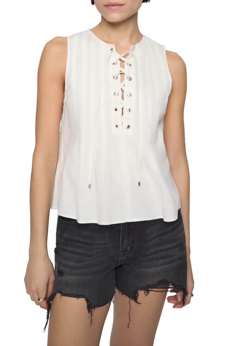 Pleated Sleeveless Linen & Cotton Lace-Up Top, Main, color, PORCELAIN