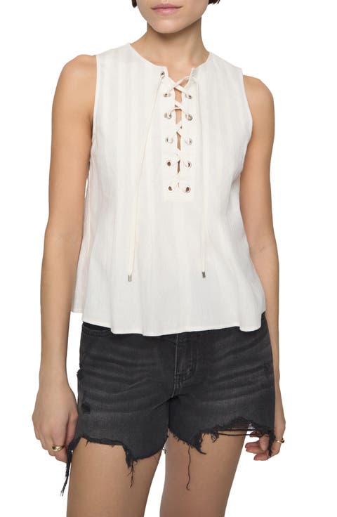 Pleated Sleeveless Linen & Cotton Lace-Up Top