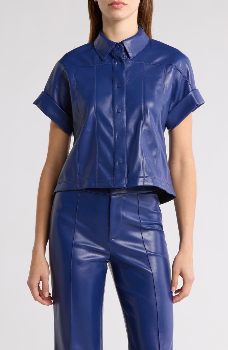 Alice + Olivia Edyth Faux Leather Short Sleeve Shirt, Main, color,