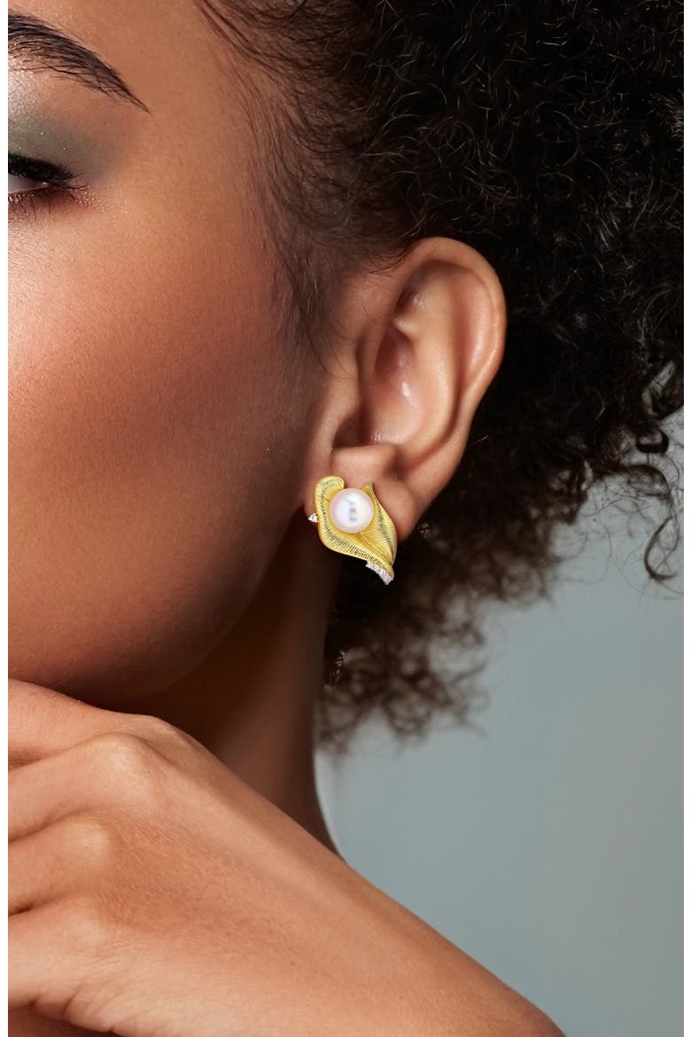 Sterling Silver Lab Created White Sapphire & Pearl Leaf Stud Earrings, Alternate, color, WHITE GOLD